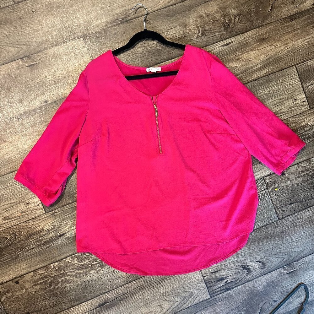 Hot Pink 3/4 Sleeve Women's Blouse Gold Zipper - Picture 3 of 9
